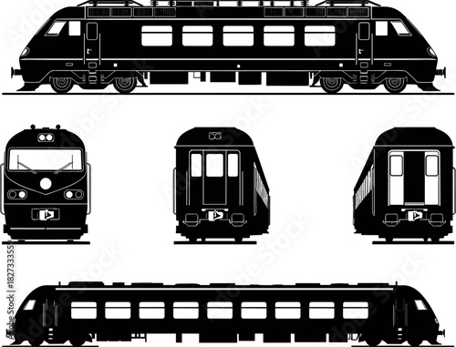 Black silhouette vector illustration set showing detailed train locomotives and passenger carriage, presented from multiple side, front, and rear viewpoints, isolated on a white background.
