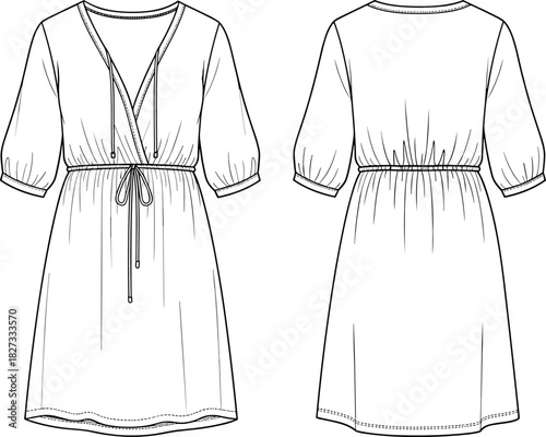Casual Mini Dress Flat Sketch Technical Drawing, Tie-Front V-Neckline, Elasticated Drawstring Waist, Elbow-Length Gathered Sleeves, A-Line Skirt, Women's Apparel Vector Template, Front and Back View.