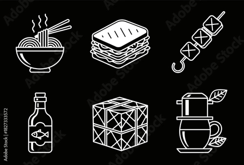 Black and white vector illustration set of Asian food icons including noodles, sandwich, skewers, fish sauce, tofu block, and Vietnamese coffee, minimal style