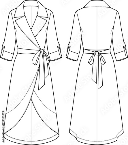 Classic Trench Style Wrap Dress, Notched Collar and 3/4 Sleeves with Tab Details, Tie Waist Midi Length, Women's Fashion Flat Sketch Vector