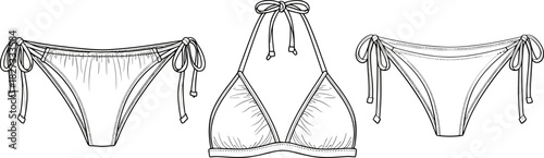 Classic String Triangle Bikini Set Flat Sketch Technical Drawing, Halter Top Swim Bra, Side-Tie Hipster Bottoms, Beachwear Apparel Vector Template, Front View Outline Illustration.