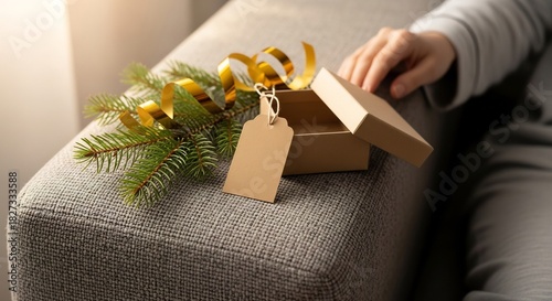 Opening a Christmas Gift Box with Festive Decorations.