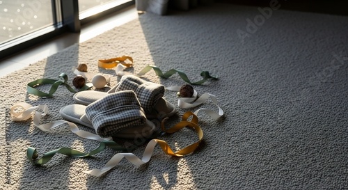 Pile of fabric scraps and sewing materials on carpet.