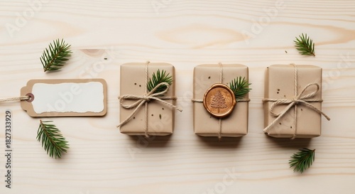 Rustic Christmas Gifts with Tag and Evergreen Sprigs.