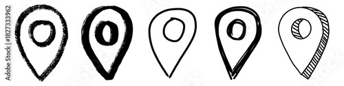 Location Symbol Handdrawn Different Style Vector Ideal for maps, navigation, address pins, and geography graphics in a sketch style. Symbolizes place, position, and travel.