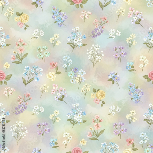 Romantic and soft seamless pattern of small wildflower clusters, roses, and various delicate blossoms scattered on a hazy, multicolored pastel watercolor background.