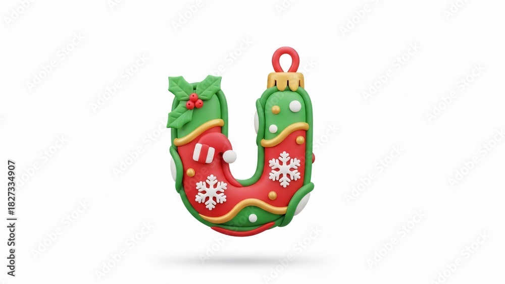 Fototapeta premium Festive Christmas Ornament Letter U with Holly and Snowflakes