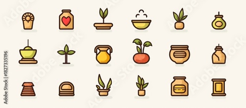 Collection of various potted plants and jars with simple, colorful icons.