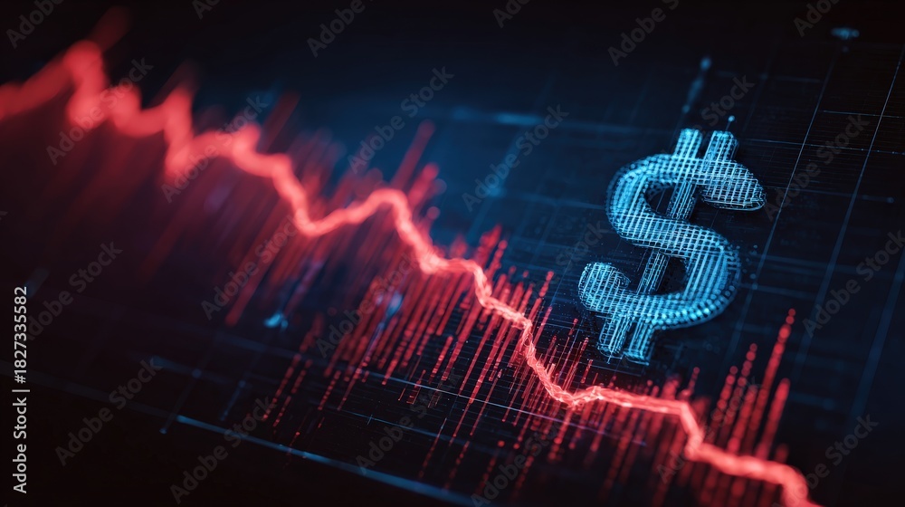 Obraz premium The financial graph dramatically plunges downward, next to a illuminated dollar symbol, symbolizing economic recession and market decline. ..Created with Generative AI, not depicting real subjects.