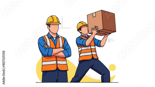 Construction Worker Line Art Set – Colorful Hard Hat Technician and Laborer Lifting Box Illustration