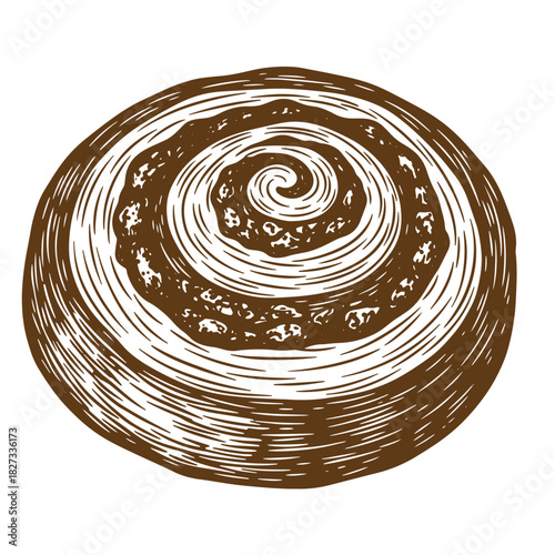 Artistic sketch illustration of a delicious cinnamon roll pastry brown and white isolated on white