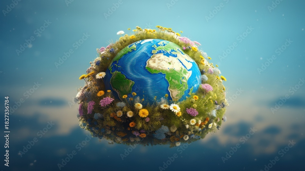 Naklejka premium Earth covered in flowers and greenery, symbolizing environmental conservation.