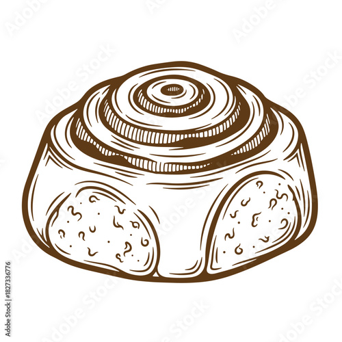 Delicious brown sketch vintage cinnamon roll pastry isolated on white background