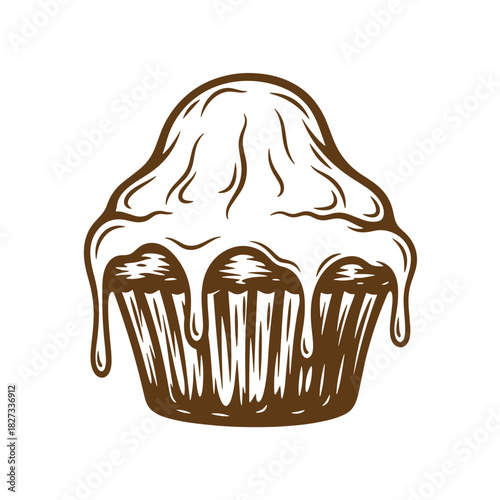 Delicious cupcake illustration with creamy frosting artistic sketch vintage style isolated on white