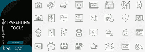 AI parenting tools line icons set, smart childcare technology vector