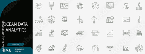 ocean data analytics technology line icon set vector illustration