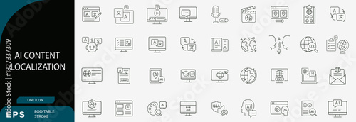 AI content localization icons set, global translation line vector