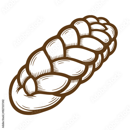 Detailed brown sketch vintage illustration of a braided loaf of challah bread