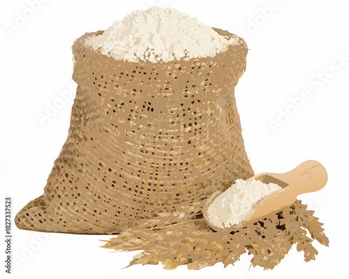 Burlap sack filled with white flour and a wooden scoop with wheat stalks