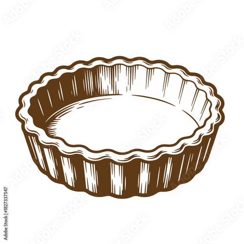Detailed sketch illustration of a brown empty tart pan or baking dish on white