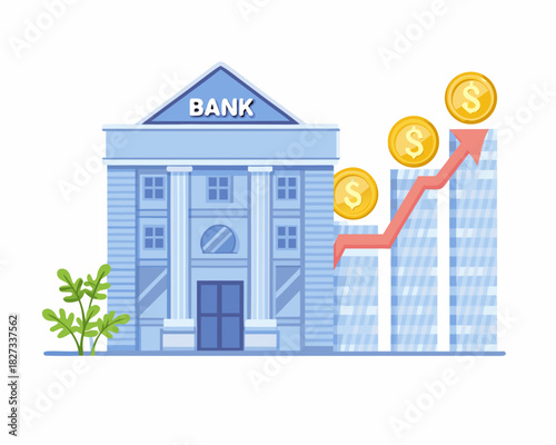 Bank building with rising graph and gold coins symbolizing financial growth