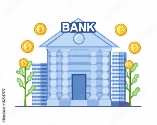 Illustration of a bank building with growing money and coins