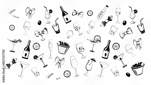 Whimsical hand drawn party drinks and accessories pattern