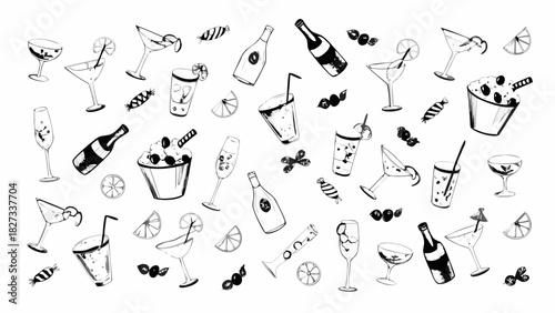 Hand drawn black and white pattern of cocktails drinks bottles and candies