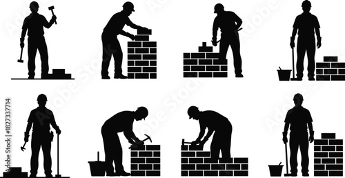 Professional bricklayer construction worker silhouette collection building wall house on job site with trowel hammer bucket safety hardhat in industrial masonry work vector illustration, 