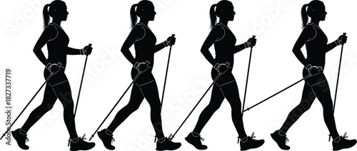 Nordic Walking Female Silhouettes: Full Body Stride, Fitness Exercise, Active Lifestyle, Woman with Trekking Poles, Outdoor Sport, Health and Wellness Concept, Vector Art Illustration