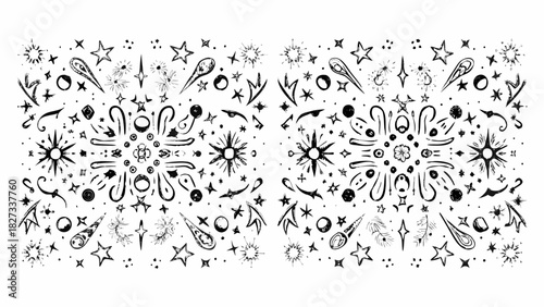 Hand drawn black and white celestial elements and stars border