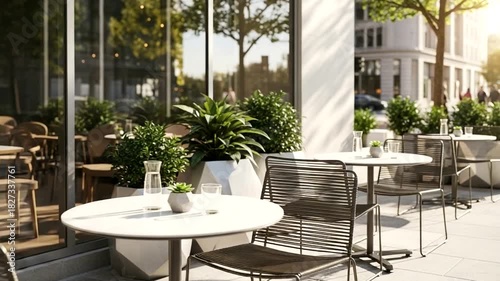 Wallpaper Mural Peaceful outdoor dining ambiance with stylish cafe furniture and lush green plants and architecture Torontodigital.ca