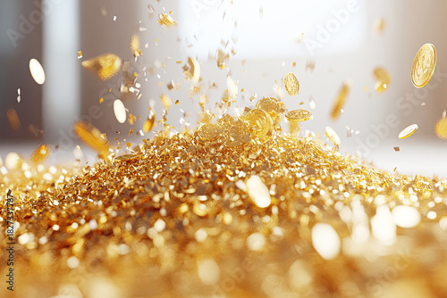 A shimmering pile of gold coins and glittering particles, creating a luxurious and opulent visual effect in a bright environment.