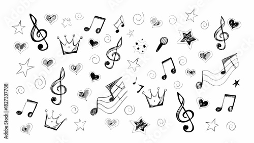 Hand drawn music notes hearts stars and crowns seamless pattern