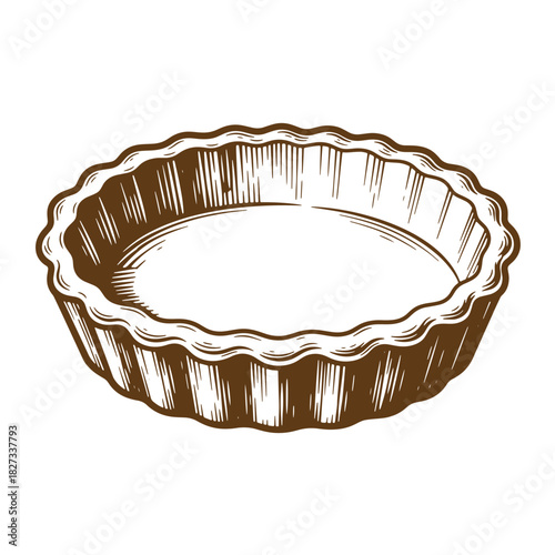 Detailed sketch of an empty brown pie dish with scalloped edges isolated on white