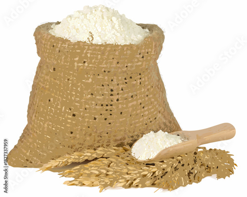 Burlap sack overflowing with white flour and a wooden scoop with wheat grains