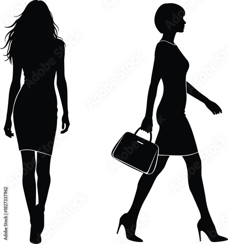 Professional Business Women Silhouettes, Modern Corporate Career Success, Stylish Female Entrepreneurs Walking, Confident Adults, Fashionable Figures, Vector Graphics,