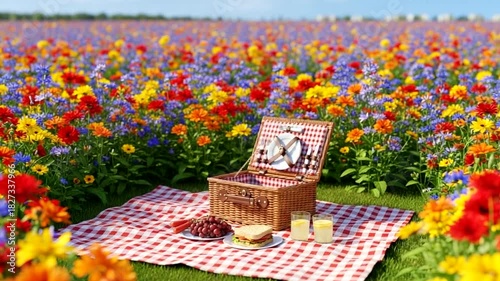 Wallpaper Mural Picturesque Picnic in a vibrant flower field, evoking a sense of serenity and joyful outdoor Torontodigital.ca