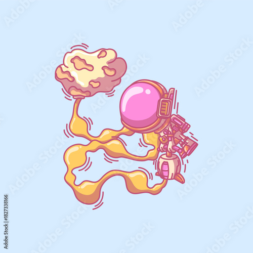 doodle of astronaut blowing a moon. this cartoon have orange, pink, yellow and light brown color. this art can print on t-shirt and sticker