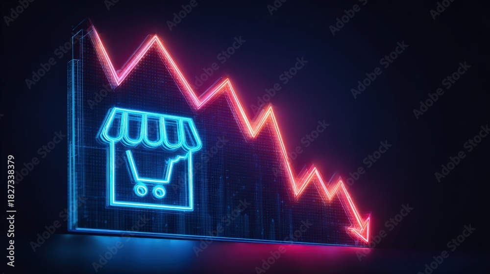 Naklejka premium A visual representation of economic decline, illustrated with a neon light graphic of a store and a falling graph. ..Created with Generative AI, not depicting real subjects.