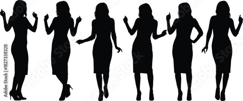 Professional Woman Silhouette Collection, Confident Business Female Vector Set, Elegant Fashion Model Posing, Diverse Corporate Ladies in Formal Dress, Graphic Design Element.
