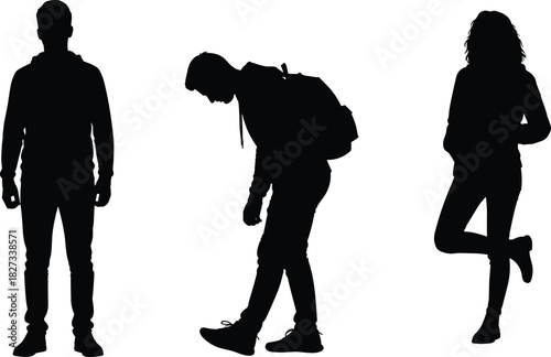 Young people silhouette collection urban street style college students wearing hoodies and backpacks standing casual poses isolated vector set black shape illustration on white background