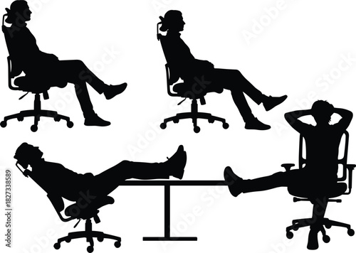Title: Silhouette collection of relaxed business people and office workers leaning back and resting in ergonomic swivel chairs, symbolizing workplace break, employee comfort, work-life balance, 