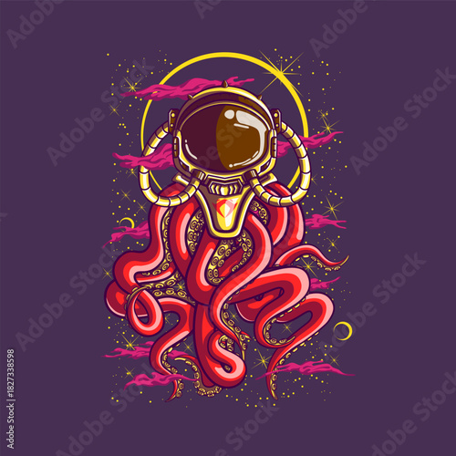 illustration on space octopus use astronaut helmet. this octopus have mission from earth. this artwork have red, yellow and brown colors. this art can print on t-shirt and sicker