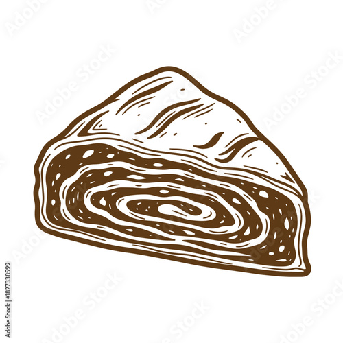 Hand drawn illustration of a delicious slice of classic strudel cake with a vintage sketch style