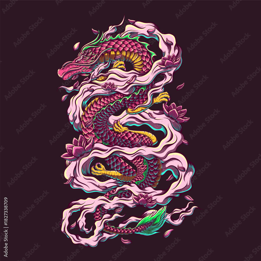Fototapeta premium illustration of pink asian dragon with lotus flower ornament. lotus petals falling around dragon and cloud. this artwork have pink, green and yellow color, this art can print on t-shirt and sticker