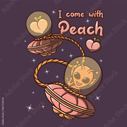 doodle of i come with peach. this is a doodle of alien bring peach to earth with soft pink and dark brown colors. couple little stars make this art more beautiful. alien bring ufo and put peach in ufo