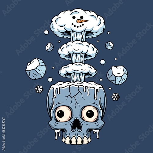 Skull explosion with snowman cloud wintery and surreal illustration.