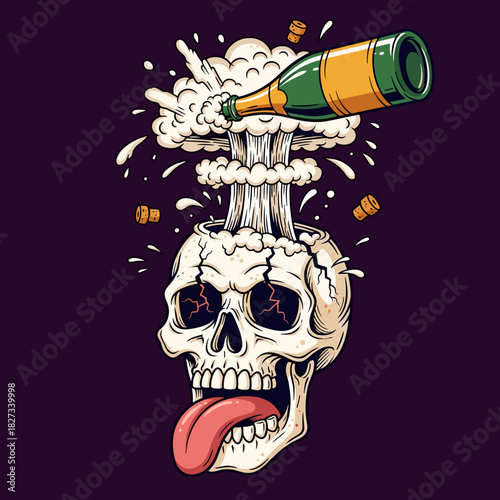 Skull with exploding champagne bottle and corks flying around.