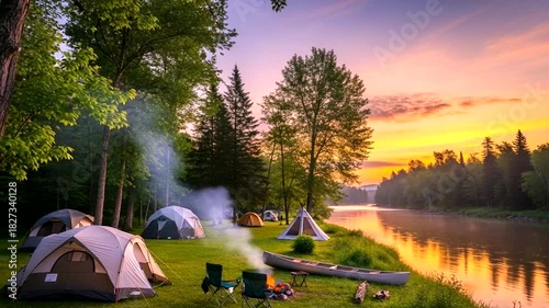 Wallpaper Mural Scenic lakeside campsite ambiance featuring tents, a campfire, and a vibrant sunset reflecting on Torontodigital.ca